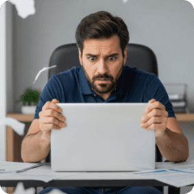 Затянутые сроки Мужчина с ноутбуком переживает