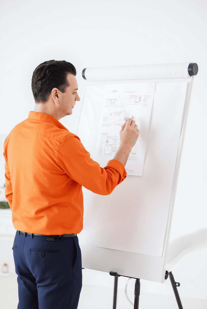 Честная цена — справедливая стоимость сайтов Мужчина в оранжевой рубашке пишет на доске